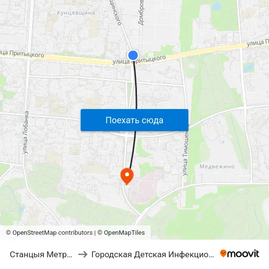 Станцыя Метро Кунцаўшчына to Городская Детская Инфекционная Клиническая больница map