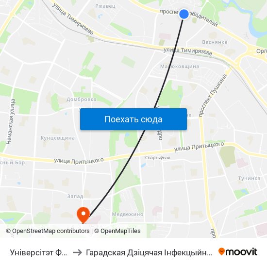 Універсітэт Фізкультуры to Гарадская Дзіцячая Інфекцыйная Клінічная Бальніца map