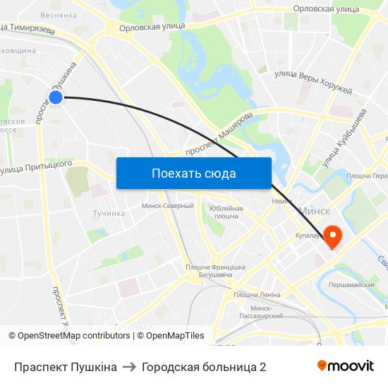 Праспект Пушкіна to Городская больница 2 map