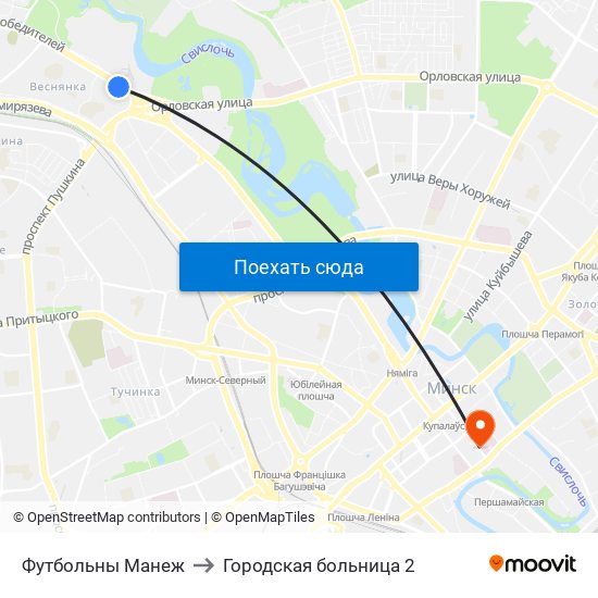 Футбольны Манеж to Городская больница 2 map