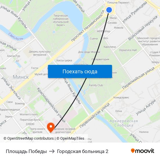 Площадь Победы to Городская больница 2 map