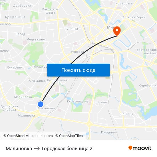 Малиновка to Городская больница 2 map