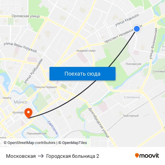 Московская to Городская больница 2 map