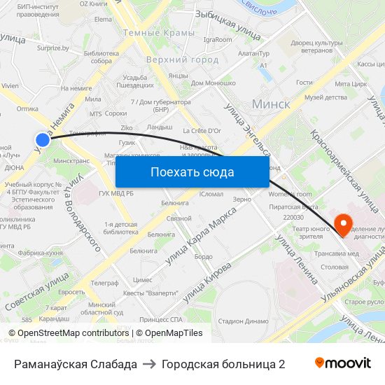Раманаўская Слабада to Городская больница 2 map