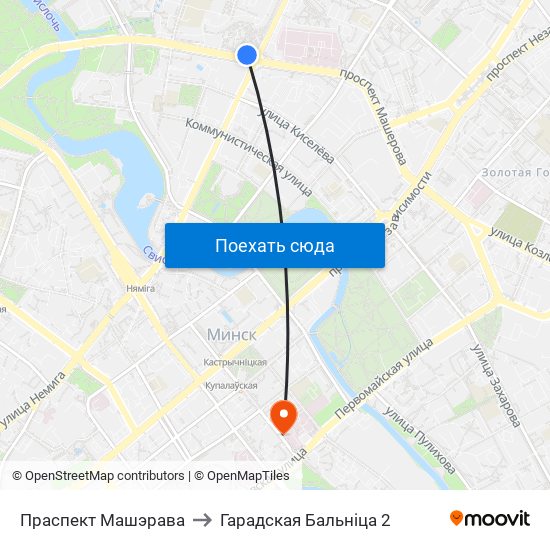 Праспект Машэрава to Гарадская Бальніца 2 map