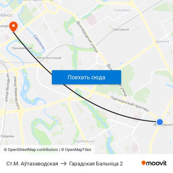 Ст.М. Аўтазаводская to Гарадская Бальніца 2 map