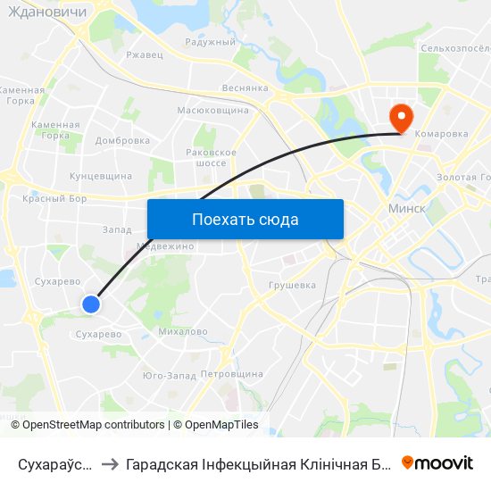 Сухараўская to Гарадская Інфекцыйная Клінічная Бальніца map