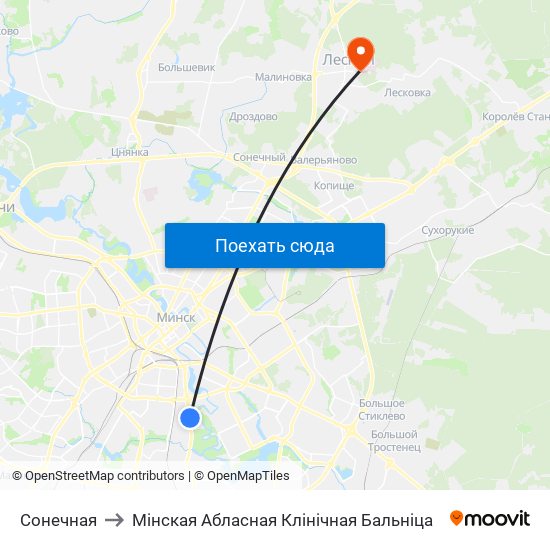 Сонечная to Мінская Абласная Клінічная Бальніца map