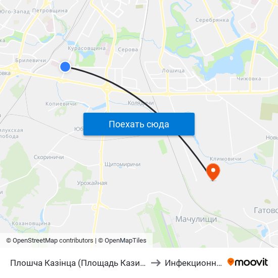 Плошча Казінца (Площадь Казинца) to Инфекционный map
