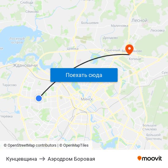 Кунцевщина to Аэродром Боровая map