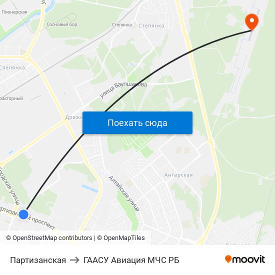 Партизанская to ГААСУ Авиация МЧС РБ map