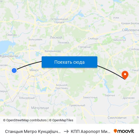 Станцыя Метро Кунцаўшчына to КПП Аэропорт Минск map