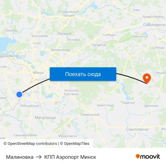 Малиновка to КПП Аэропорт Минск map