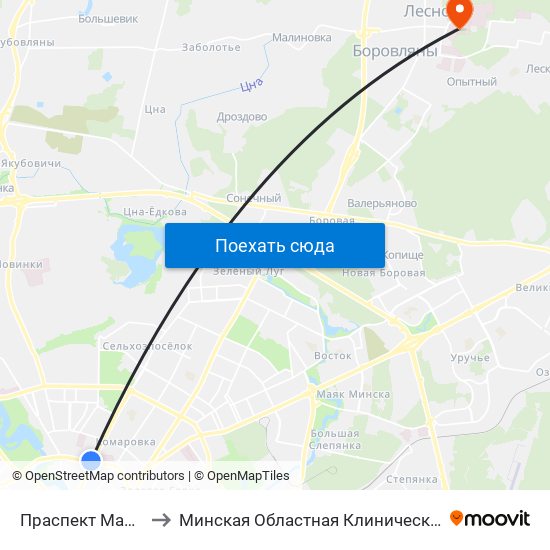 Праспект Машэрава to Минская Областная Клиническая Больница map