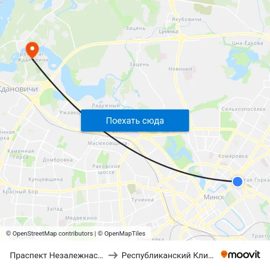 Праспект Незалежнасці (Проспект Независимости) to Республиканский Клинический Медицинский Центр map