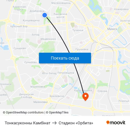 Тонкасуконны Камбінат to Стадион «Орбита» map