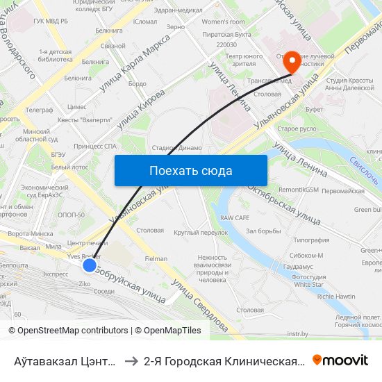 Аўтавакзал Цэнтральны to 2-Я Городская Клиническая Больница map