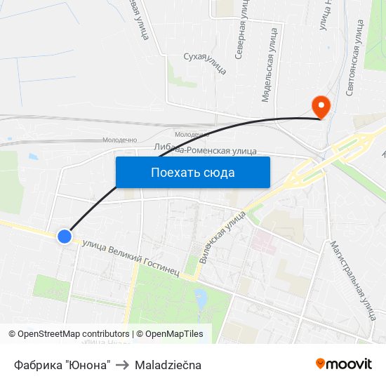 Фабрика "Юнона" to Maladziečna map