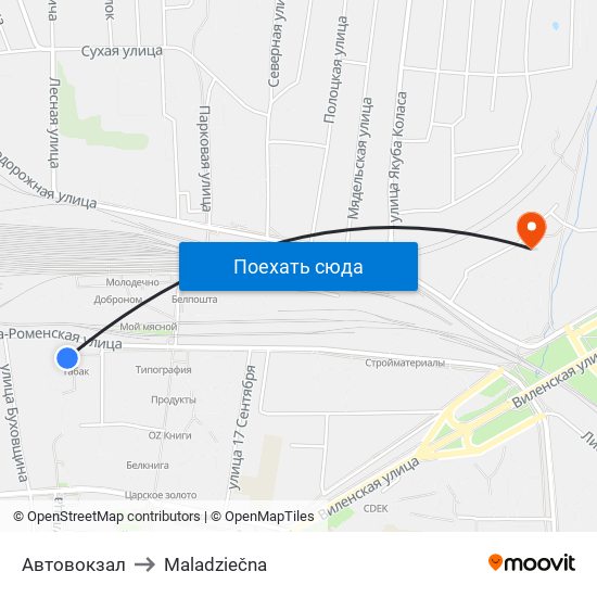 Автовокзал to Maladziečna map