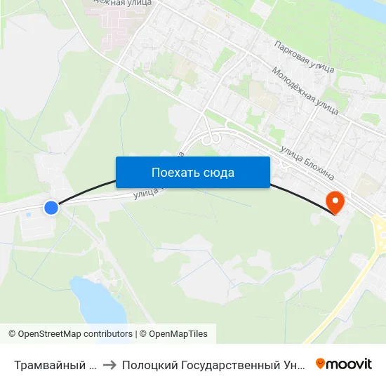 Трамвайный Парк to Полоцкий Государственный Университет map
