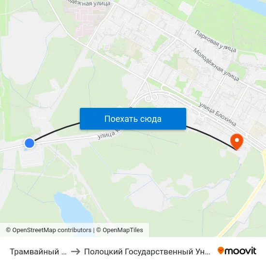 Трамвайный Парк to Полоцкий Государственный Университет map