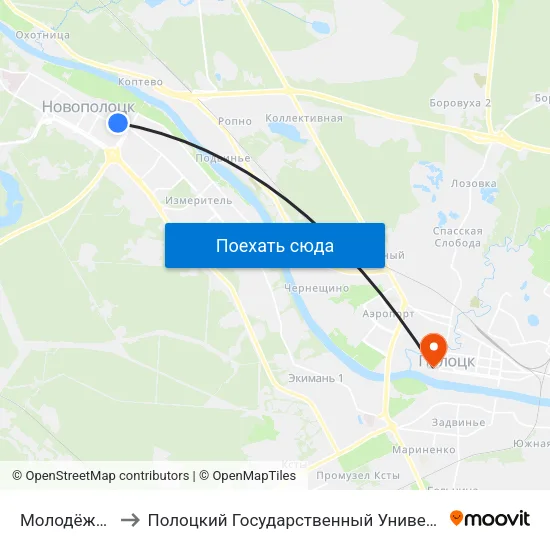 Молодёжная to Полоцкий Государственный Университет map