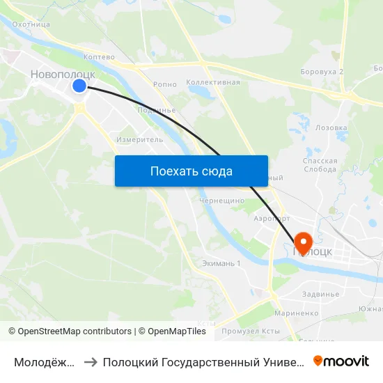 Молодёжная to Полоцкий Государственный Университет map