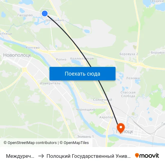 Междуречье-2 to Полоцкий Государственный Университет map