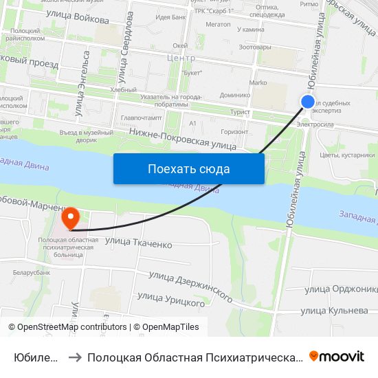 Юбилейная to Полоцкая Областная Психиатрическая Больница map