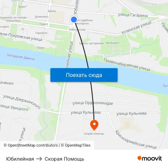 Юбилейная to Скорая Помощь map