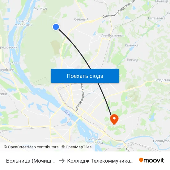 Больница (Мочищенское Шоссе) to Колледж Телекоммуникации И Информатики map