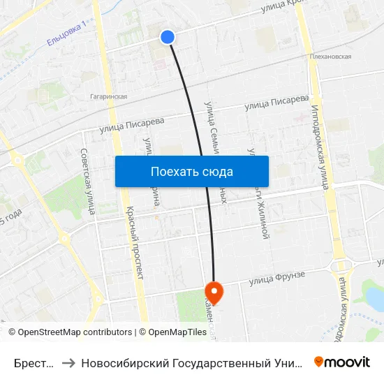 Брестская Ул. to Новосибирский Государственный Университет Экономики И Управления map