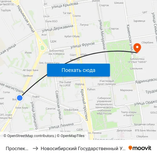 Проспект Димитрова to Новосибирский Государственный Университет Экономики И Управления map