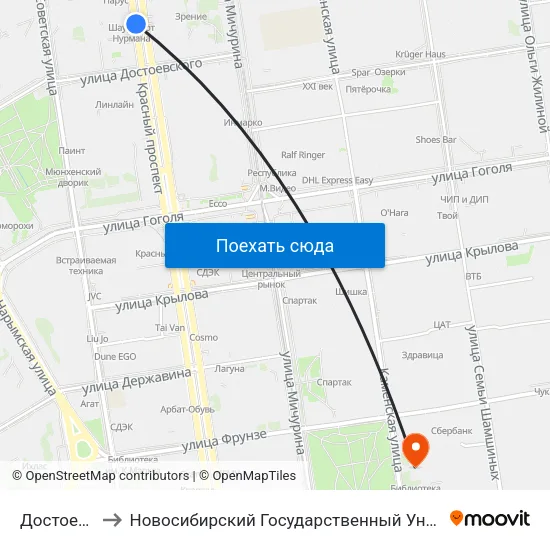 Достоевского Ул. to Новосибирский Государственный Университет Экономики И Управления map