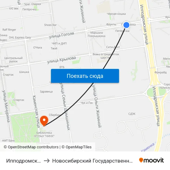 Ипподромская Ул. (Ул. Гоголя) to Новосибирский Государственный Университет Экономики И Управления map