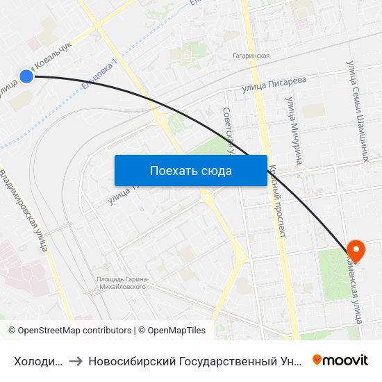 Холодильная Ул. to Новосибирский Государственный Университет Экономики И Управления map