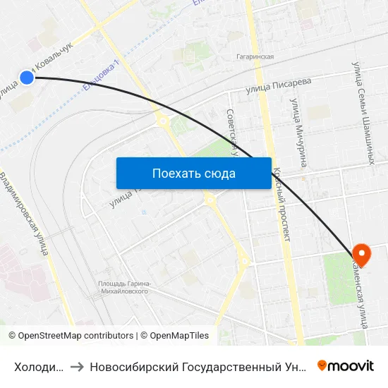 Холодильная Ул. to Новосибирский Государственный Университет Экономики И Управления map