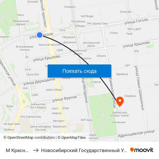 М Красный Проспект to Новосибирский Государственный Университет Экономики И Управления map