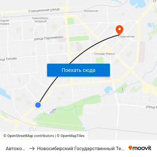 Автокомбинат to Новосибирский Государственный Технический Университет map