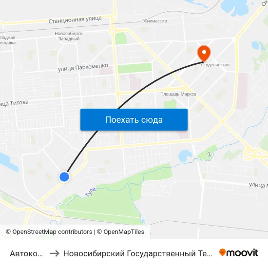 Автокомбинат to Новосибирский Государственный Технический Университет map
