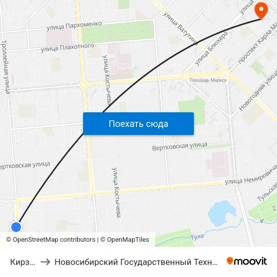 Кирзавод to Новосибирский Государственный Технический Университет map