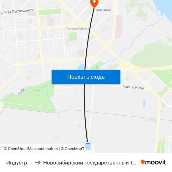 Индустриальная to Новосибирский Государственный Технический Университет map