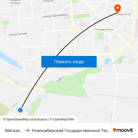 Магазин №19 to Новосибирский Государственный Технический Университет map