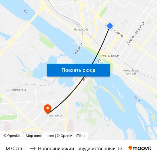 М Октябрьская to Новосибирский Государственный Технический Университет map