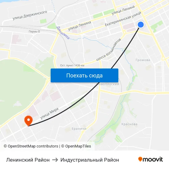 Ленинский Район to Индустриальный Район map