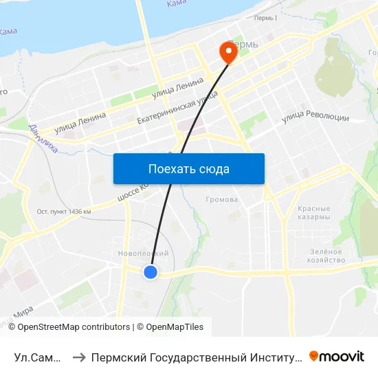 Ул.Самолетная to Пермский Государственный Институт Искусства И Культуры map