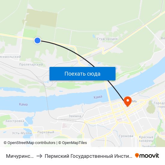 Мичуринские Сады to Пермский Государственный Институт Искусства И Культуры map