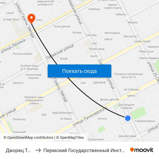 Дворец Творчества to Пермский Государственный Институт Искусства И Культуры map