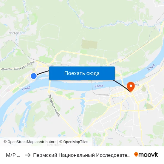 М/Р Водники to Пермский Национальный Исследовательский Политехнический Университет map