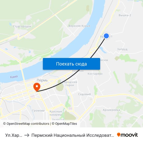 Ул.Харьковская to Пермский Национальный Исследовательский Политехнический Университет map